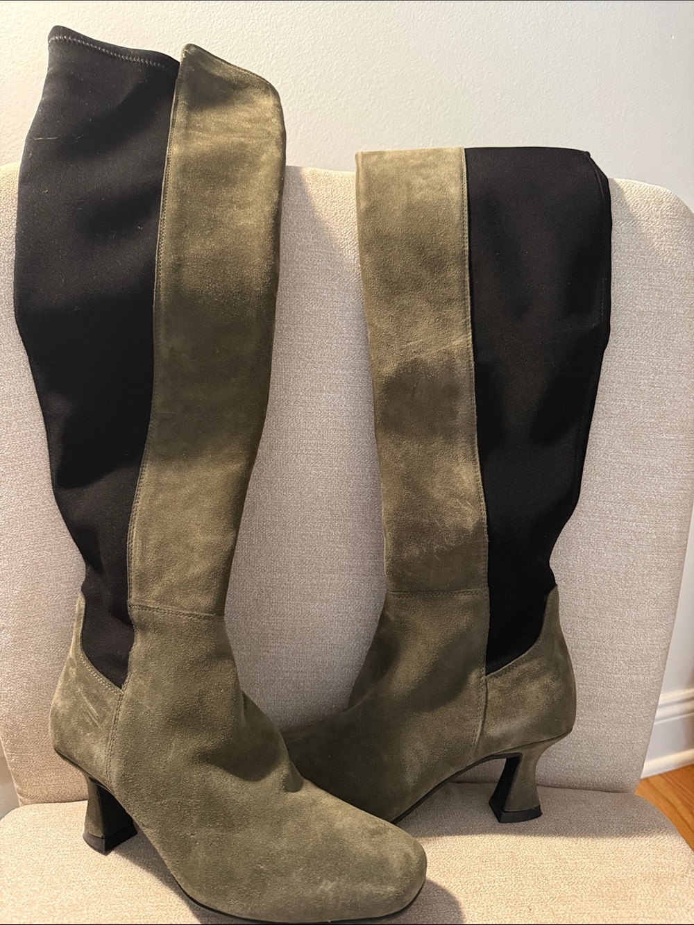 Olive Suede and Black Stretch Over-the-Knee Boots
